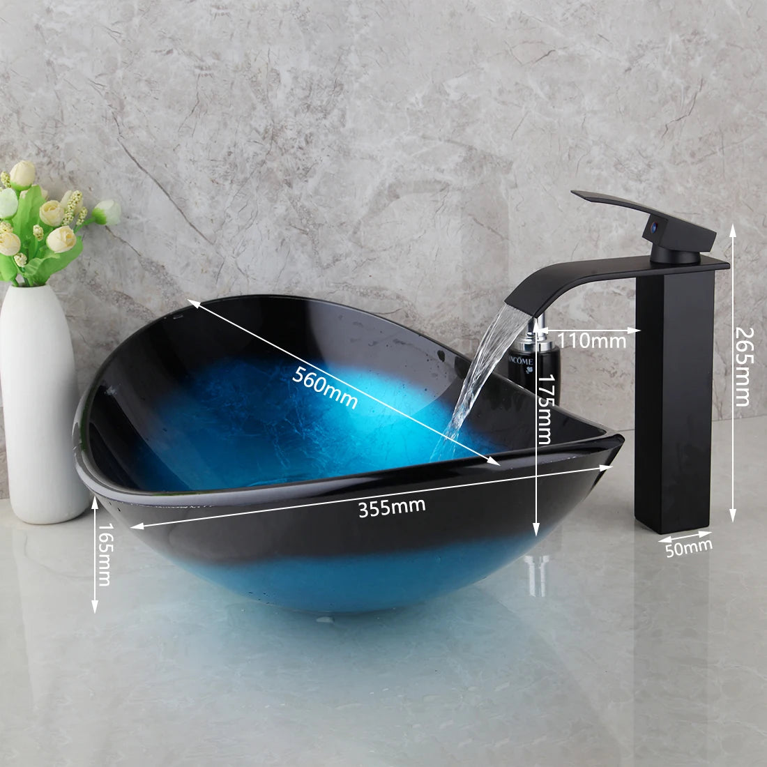 Glass Hand Painted Waterfall Spout Basin Black Tap Bathroom Sink Washbasin Bath Brass Set Faucet Mixer Taps