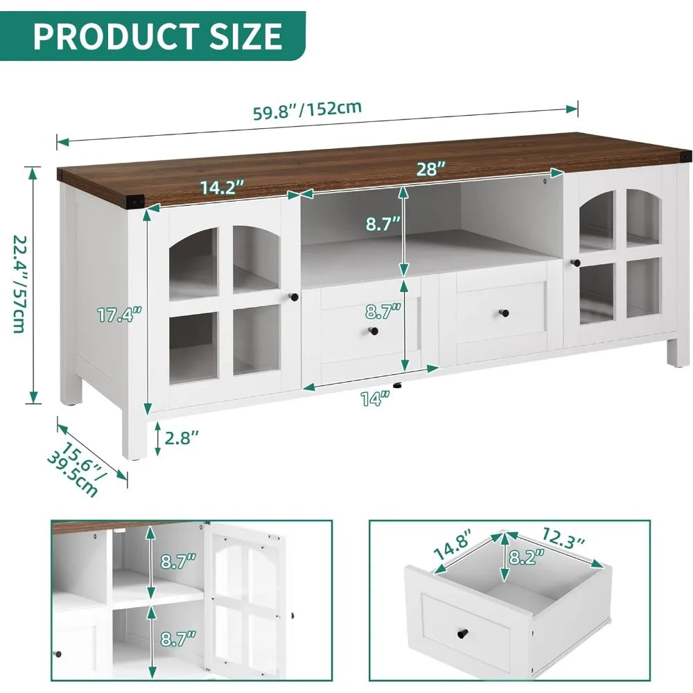 TV cabinet, TV table with storage drawers, suitable for up to 65 inches of TV, white and walnut wood