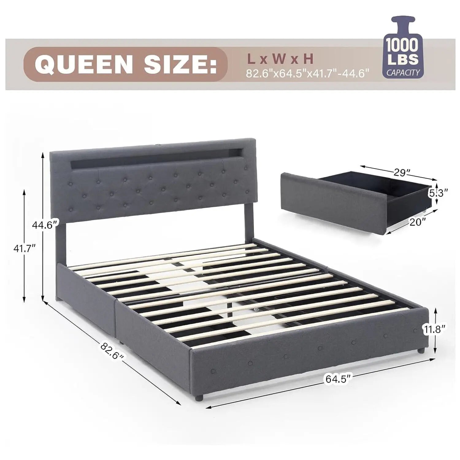 Queen LED Bed Frame Upholstered Platform Bed w/ 4 Storage Drawers Adjustable Headboard for indoor bedroom furniture