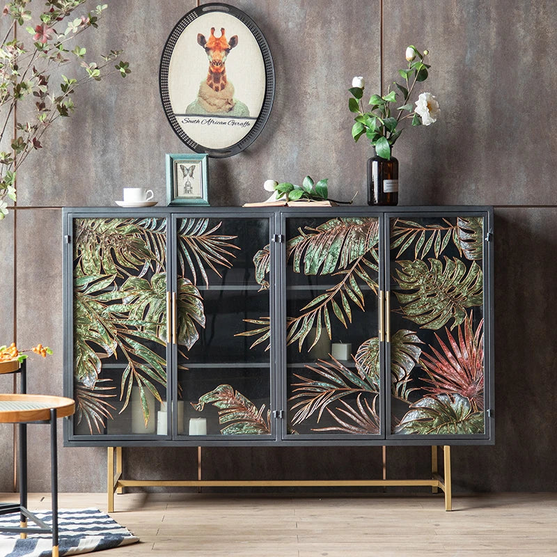 American Retro Entrance Cabinet Iron Painted Glass Industrial Style Sideboard Cabinet Wall Storage