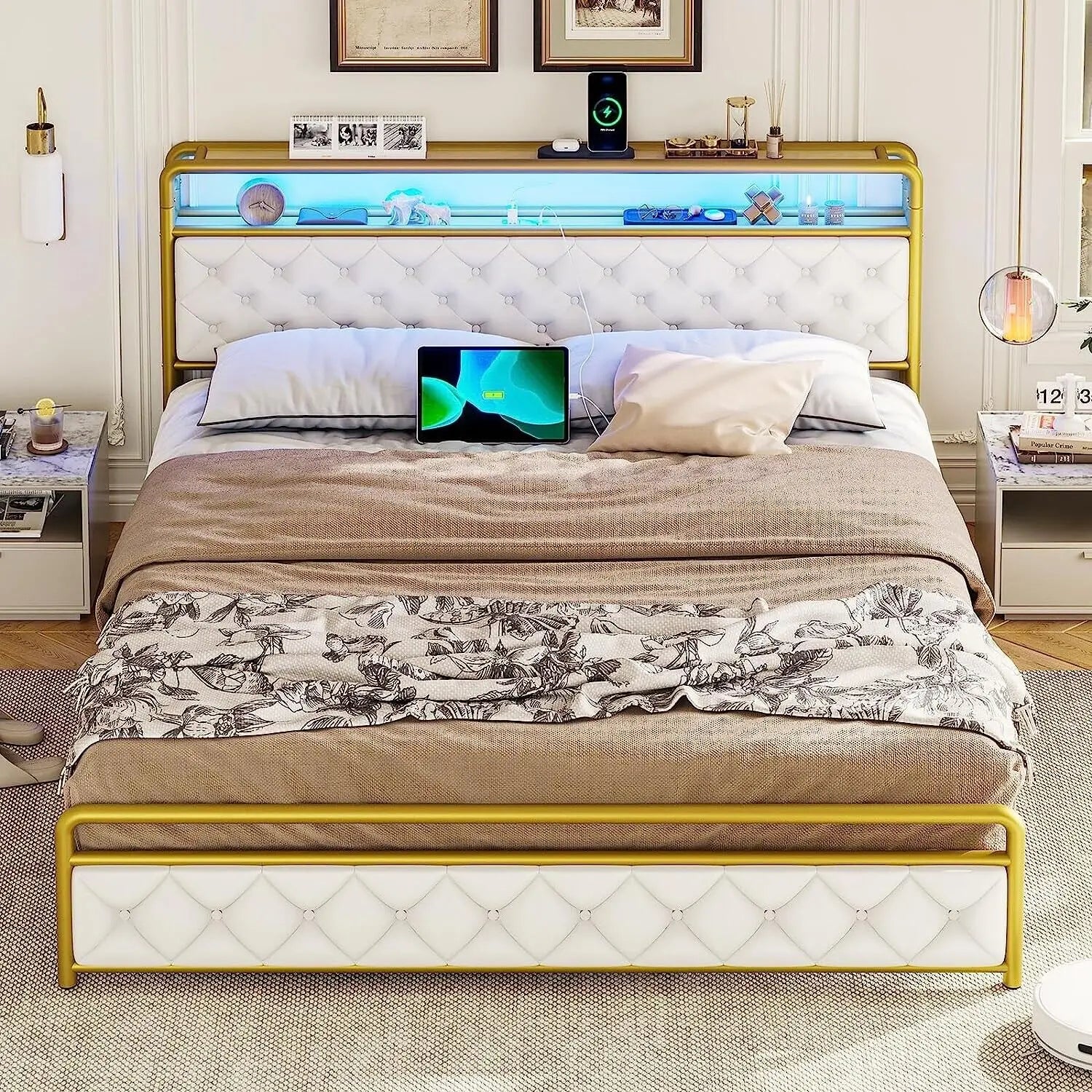 King Size LED Bed Frame with Storage Headboard with USB and Shelf,Upholstered Platform Bed Frame,Modern Style King Size Bed