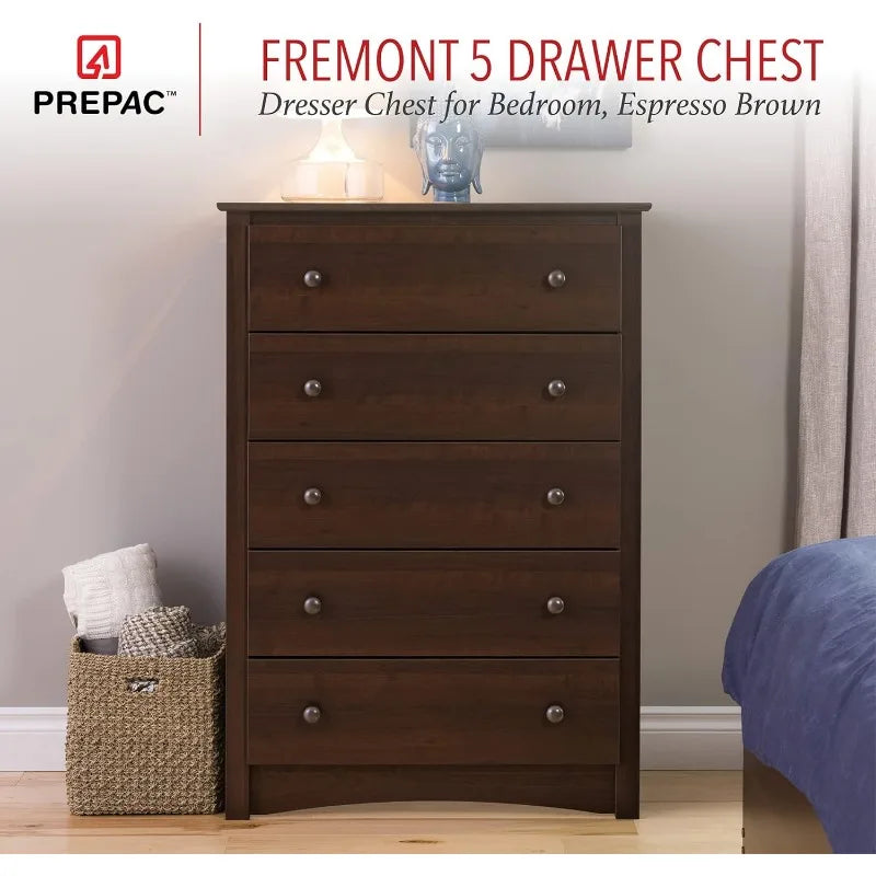 Prepac Fremont 5-Drawer Chest for Bedroom, 16" D X 31.5" W X 45.25" H, Espresso Dressing Table  Bedroom Furniture