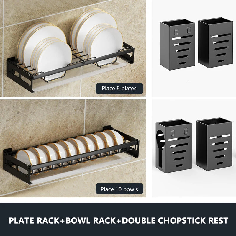 Bowl Plate Drying Rack Kitchen Organizer Wall-mounted Dish Punch-free Storage Shelf Drain Chopsticks Spoon Tableware Holder