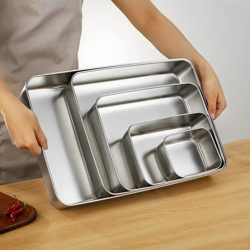 Stainless Steel Flat Bottom Storage Tray with Lid Square Food Plate Cake Bread Pastry Baking Pan Dish Bakeware Kitchen Tools