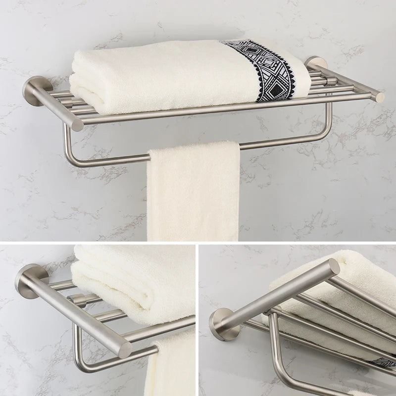 Brushed Nickel Bathroom Accessories Towel Bar Hooks Towel Rack Shelving Roll Paper Holder Toilet Brush Soap Dish Glass Shelf