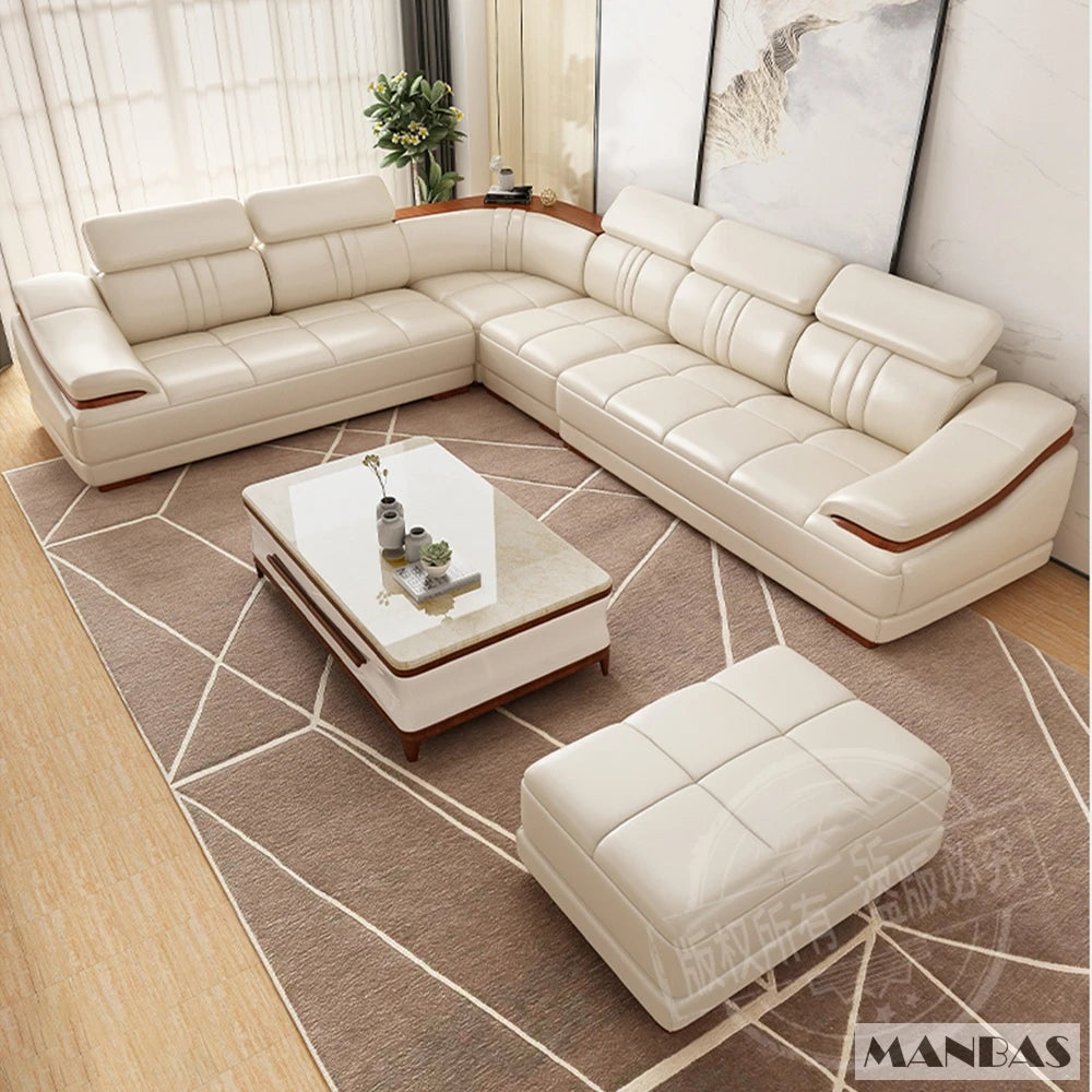 Elegant Leather Sectional Sofas Sets with Cup Holder, Adjustable Headrests & Bluetooth Speaker - MINGDIBAO Living Room Couches