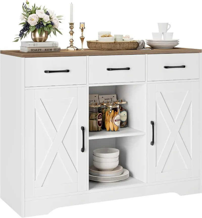 Modern Farmhouse Buffet Storage Cabinet, Barn Doors Wood Sideboard with Drawers and Shelves