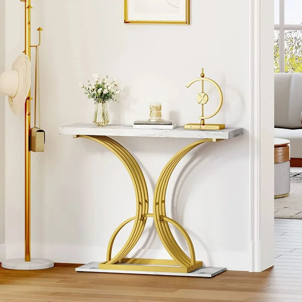 40in Gold Narrow Console Table Side End Table with Faux Marble Top for Living Room, Entrance, Hallway, Entryway