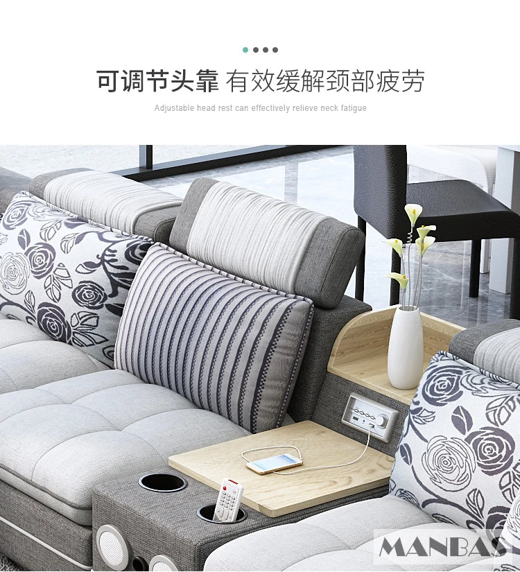 MINGDIBAO Bluetooth Sectional Sofa Bed Sets Big U Shape Corner Cloth Couch with Speaker Sound System for Living Room Furniture