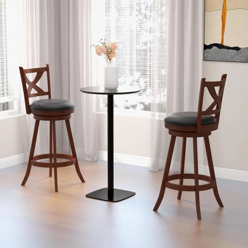 Bar Stools Set of 2, 30" Bar Height Stools with Back, Solid Rubber Wood Frame, Leather Padded Seat, Vintage Upholstered Armless