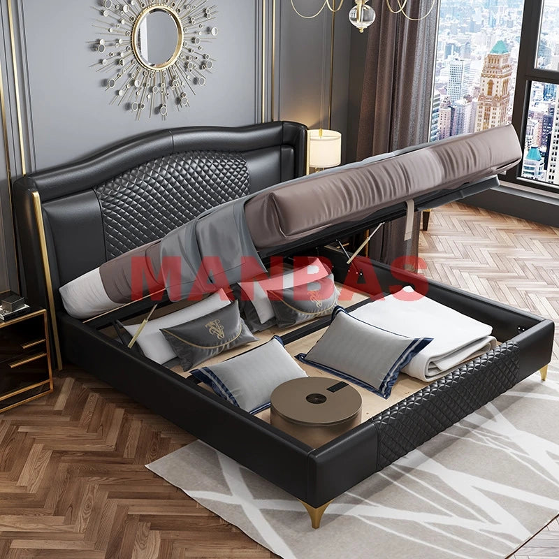 MANBAS Genuine Leather Bed Nordic Double Size Rectangle Bed Frame Nordic King/Queen Size Wedding Lits Designer Upholstered Cama