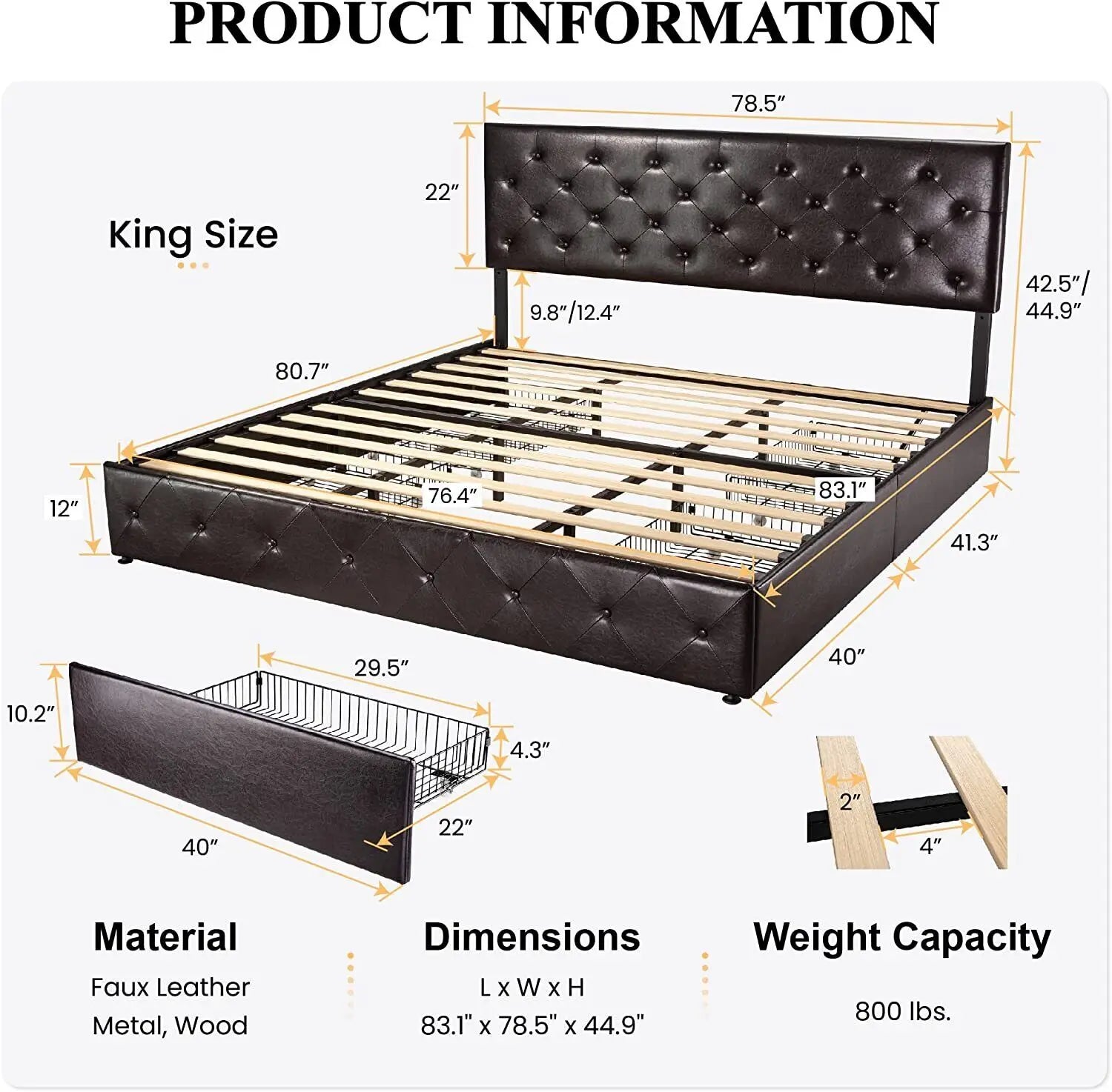 High end atmospheric cushioned platform bed, bedroom double bed, adult and adolescent,King Size Storage Bed Frame with 4 Drawers