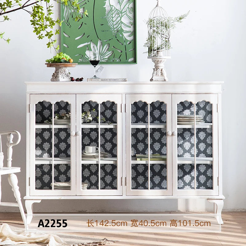 French sideboard retro old white western restaurant wine display cabinet glass door solid wood wine cabinet wall living room
