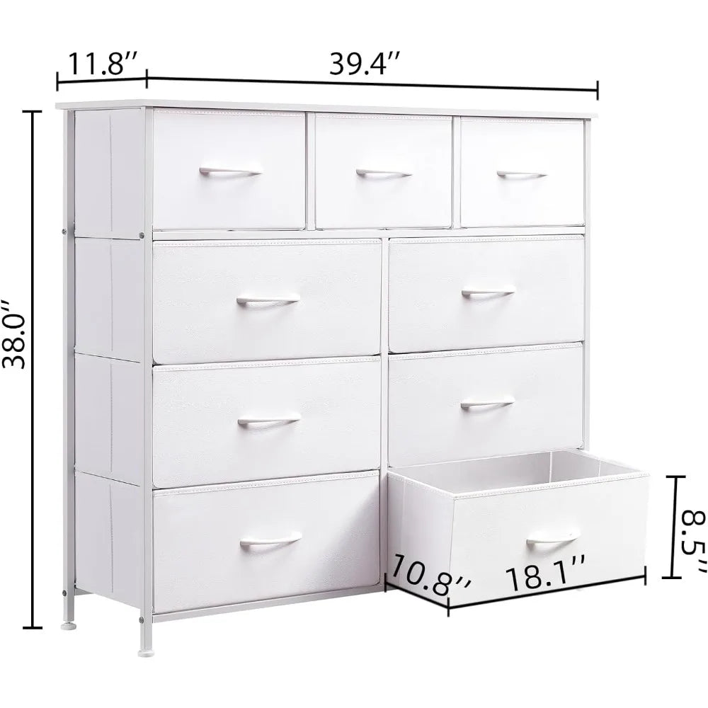 Dressing table, 9-drawer fabric storage tower, high storage cabinet with large capacity fabric box - white dressing table