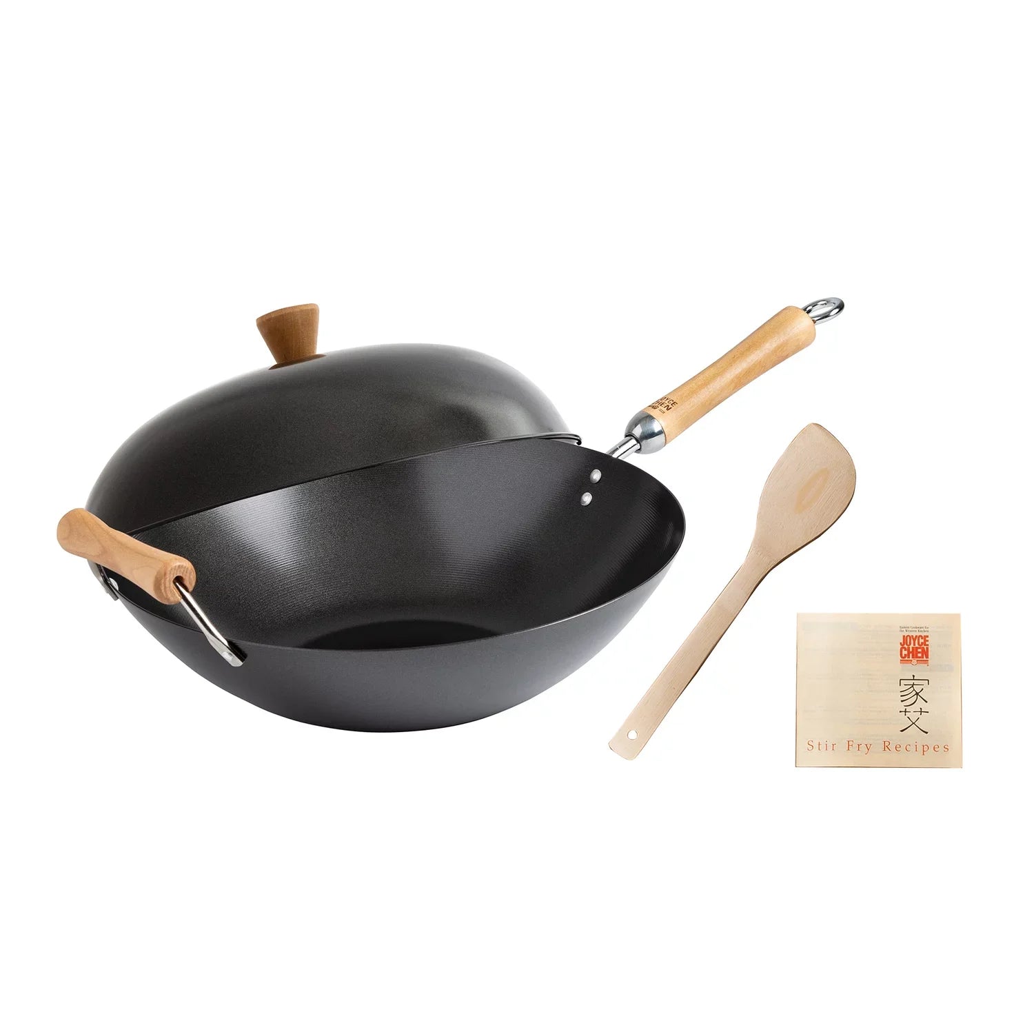 Carbon Steel Nonstick Wok Set with Lid and Birch Handles, Chinese cooking pot 4 Pieces, 14-In. wok