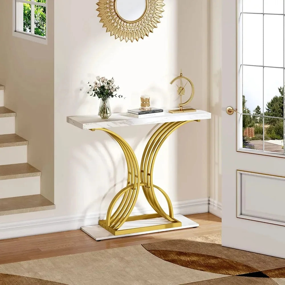 40in Gold Narrow Console Table Side End Table with Faux Marble Top for Living Room, Entrance, Hallway, Entryway