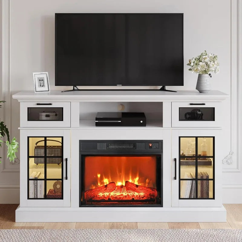 Entertainment Center for 65 inch TV, Modern White TV Stand with 23" Electric Fireplace, Tall Farmhouse TV Stands for Living Room