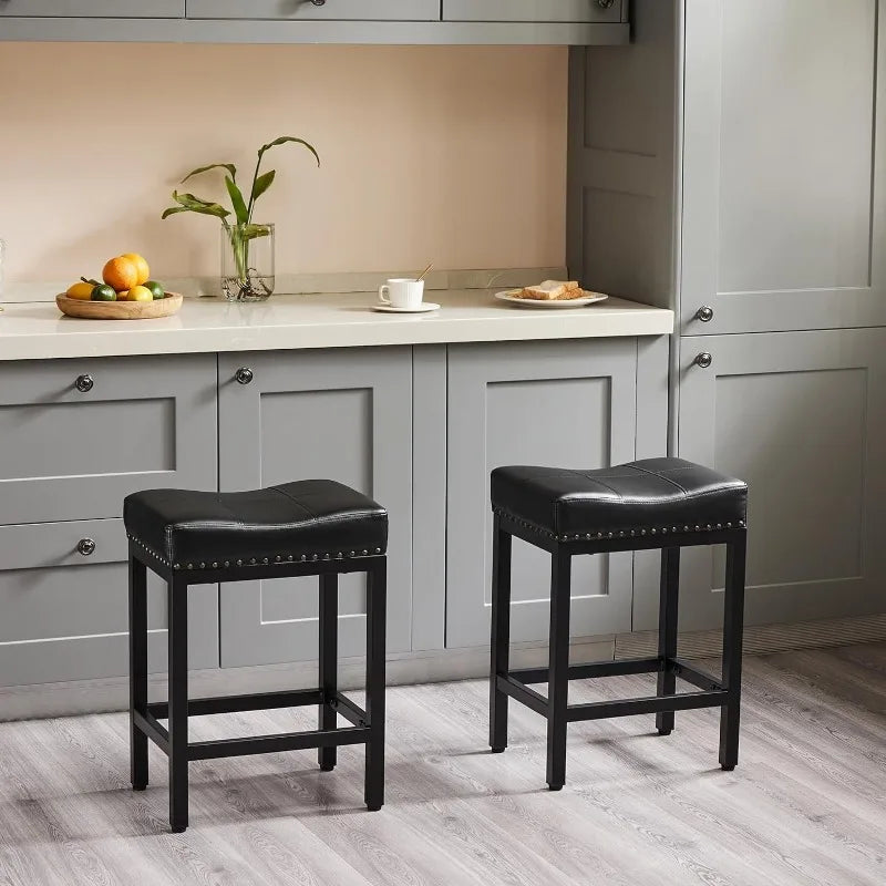 Bar Stools Set of 2， 24 inch Counter Height Bar Stools, Upholstered Modern Kitchen Barstools with Metal Base