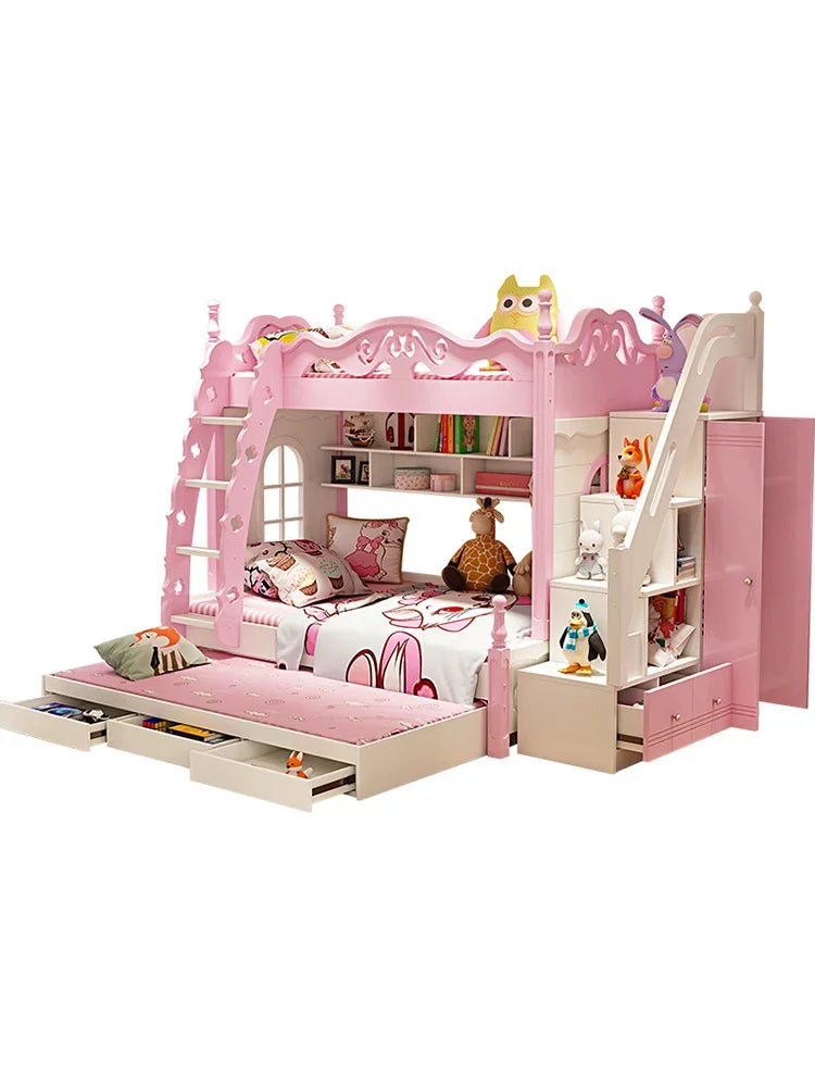 Children's bed up and down, girl's princess bed, solid wood mother bed, double layered bed, up and down bunk