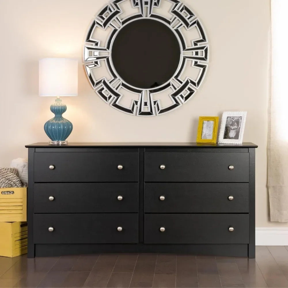 Drawer Double Dresser for Bedroom, Wide Chest of Drawers, Traditional Bedroom Furniture, 16" D X 59" W X 29" H, Black