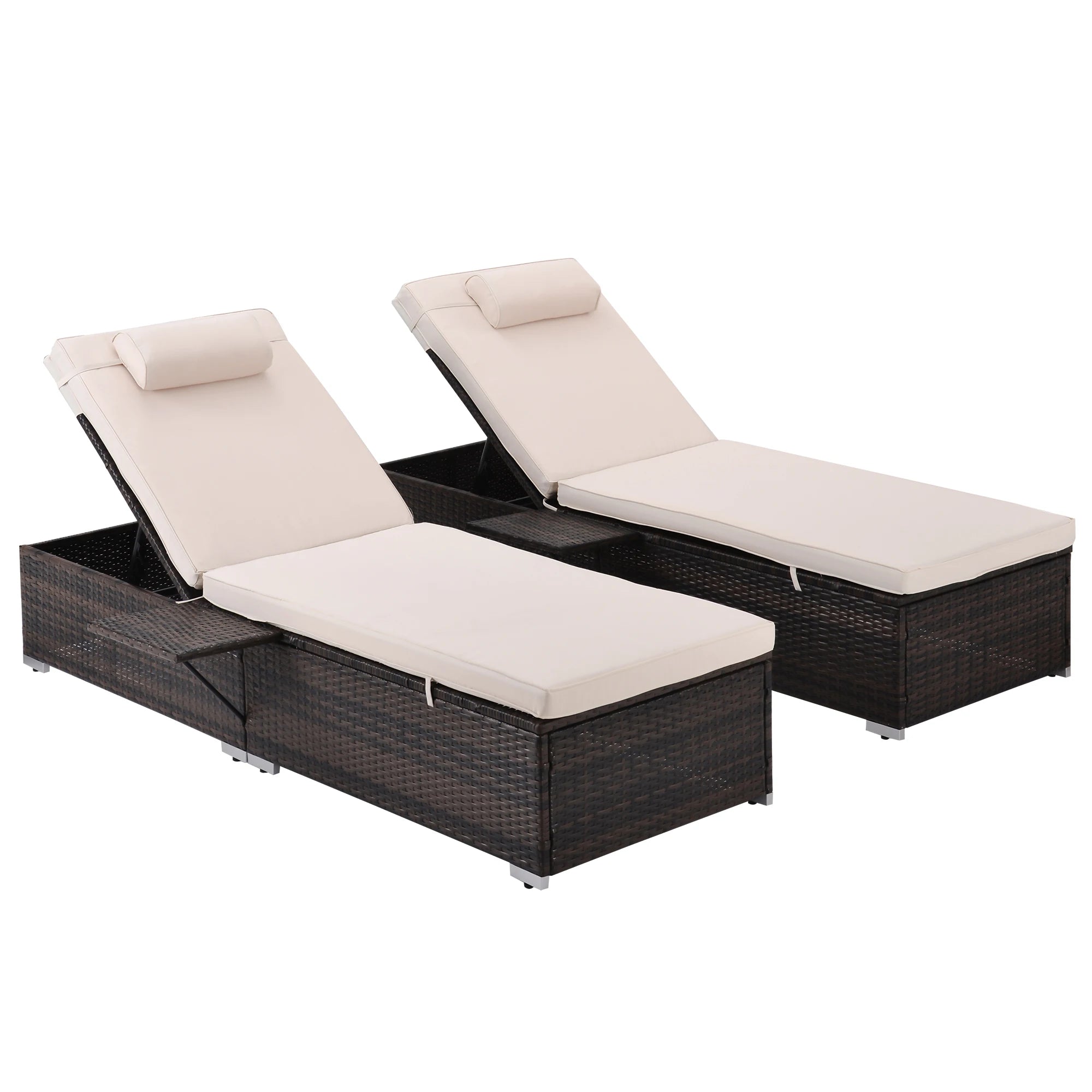 2 Piece Outdoor PE Wicker Chaise Lounge Furniture Set - Beach Pool Adjustable Backrest Recliners Brown Rattan Reclining Chair
