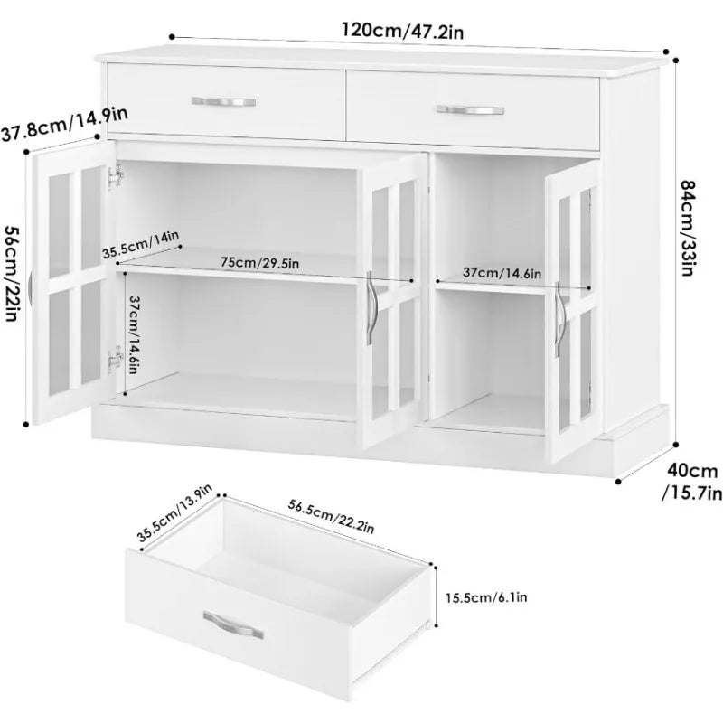 Buffet Cabinet with Glass Doors, Buffet Sideboard Kitchen Sideboard Cabinet Buffet Table with 2 Storage Drawers & Shelves