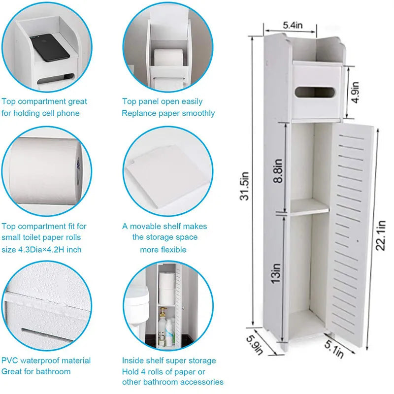 Small Bathroom Corner Floor Cabinet Toilet Vanity Cabinet Narrow Bath Sink Organizer Towel Storage Shelf for Paper Holder