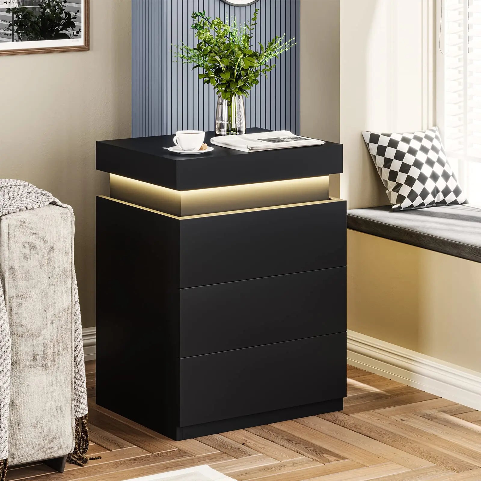 Nightstand With Charging Station And LED Lights Night Stand With Sliding Top For Bedroom Bedside Side Table With Drawers Modern