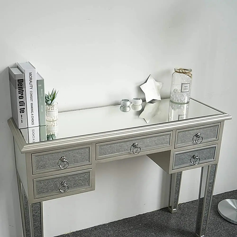 Henf Mirrored Table Makeup Vanity Table Dressing Desk, Silver 5-Drawer Console Table Entry for Women Girls Entrywa