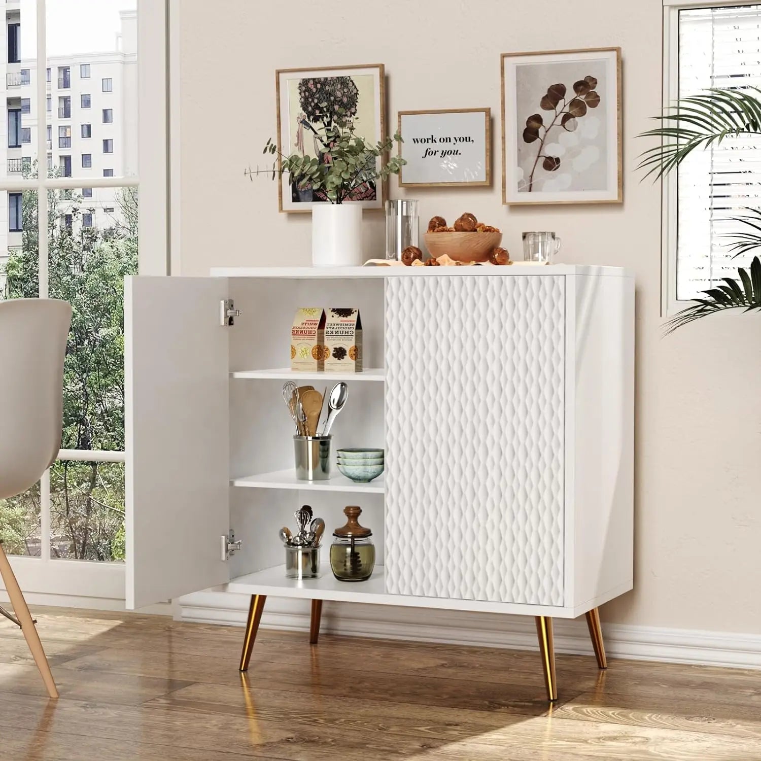 Modern Storage Cabinet with Door and Adjustable Shelf Wood Sideboard Buffet with Metal Leg Accent Credenza for Living Room