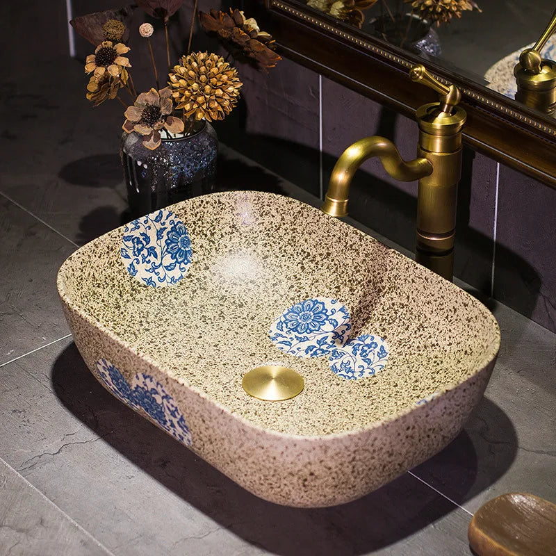 Maple leaves pattern chinese wash basin sink bathroom sink bowl countertop Ceramic washbasin bathroom sink