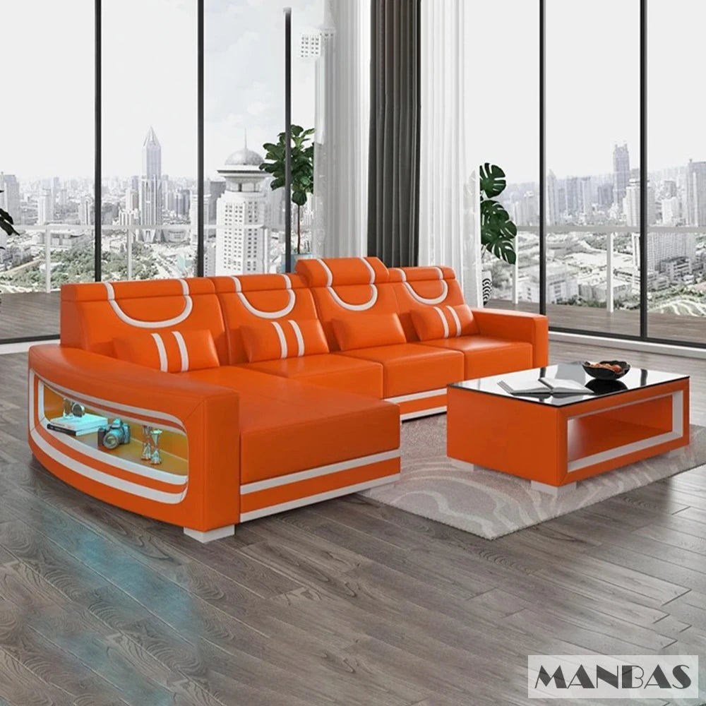 Upgrade Your Living Room with MINGDIBAO Italian Genuine Leather Sofa - 2 Colors Combination, LED Light & Soft Cushions
