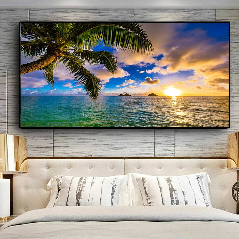Landscape Sunset Beach Cloud Seascape Canvas Painting Palm Tree Coast Posters and Prints Wall Art Pictures Home Decor No Frame