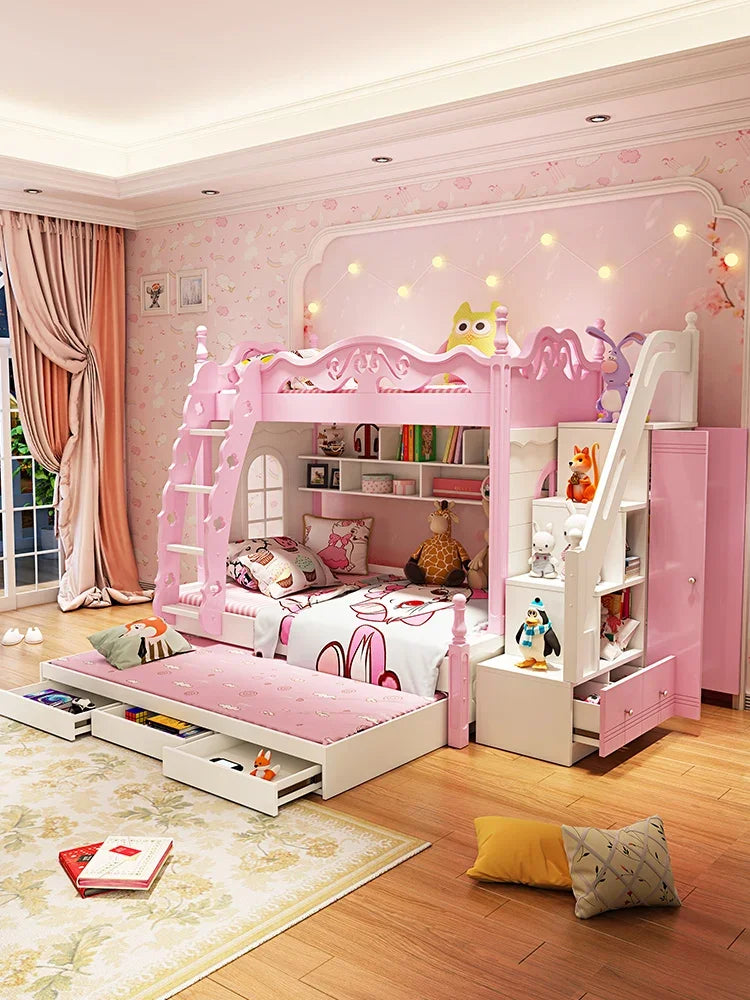 Children's bed up and down, girl's princess bed, solid wood mother bed, double layered bed, up and down bunk