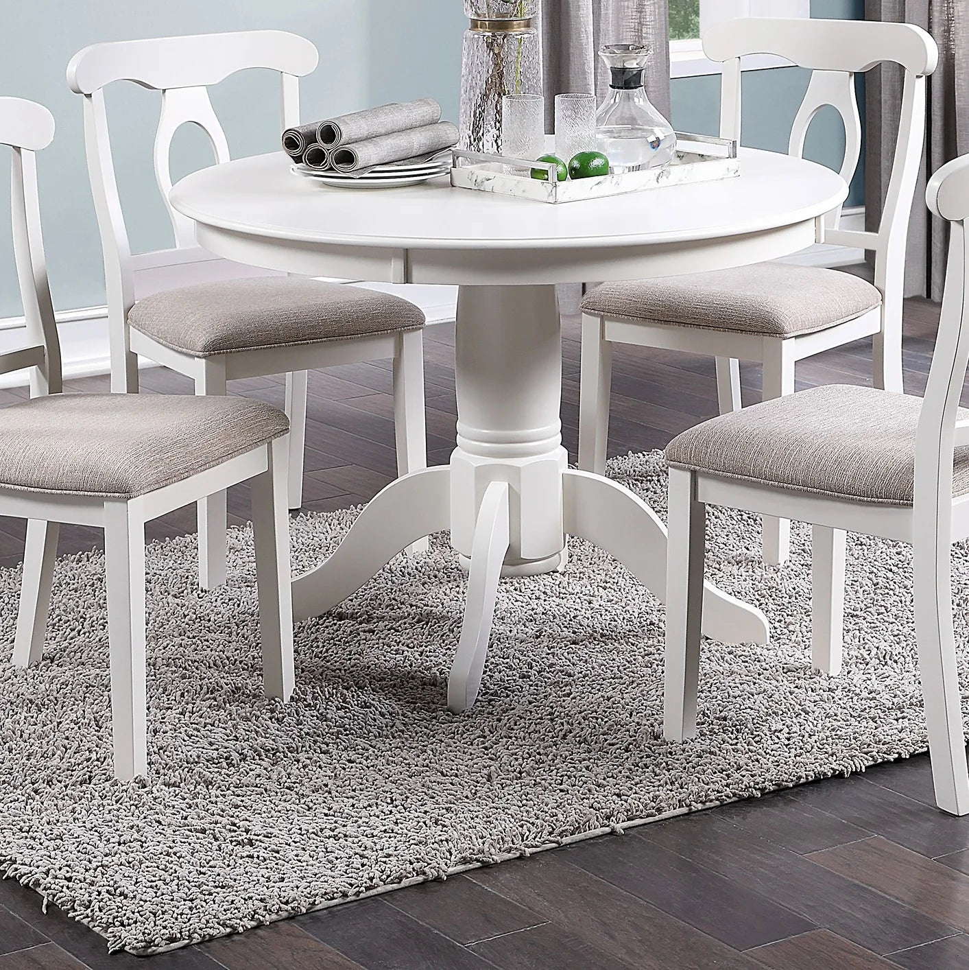 Classic Design Dining Room 5pc Set Round Table 4x side Chairs Cushion Fabric Upholstery Seat Rubberwood Furniture