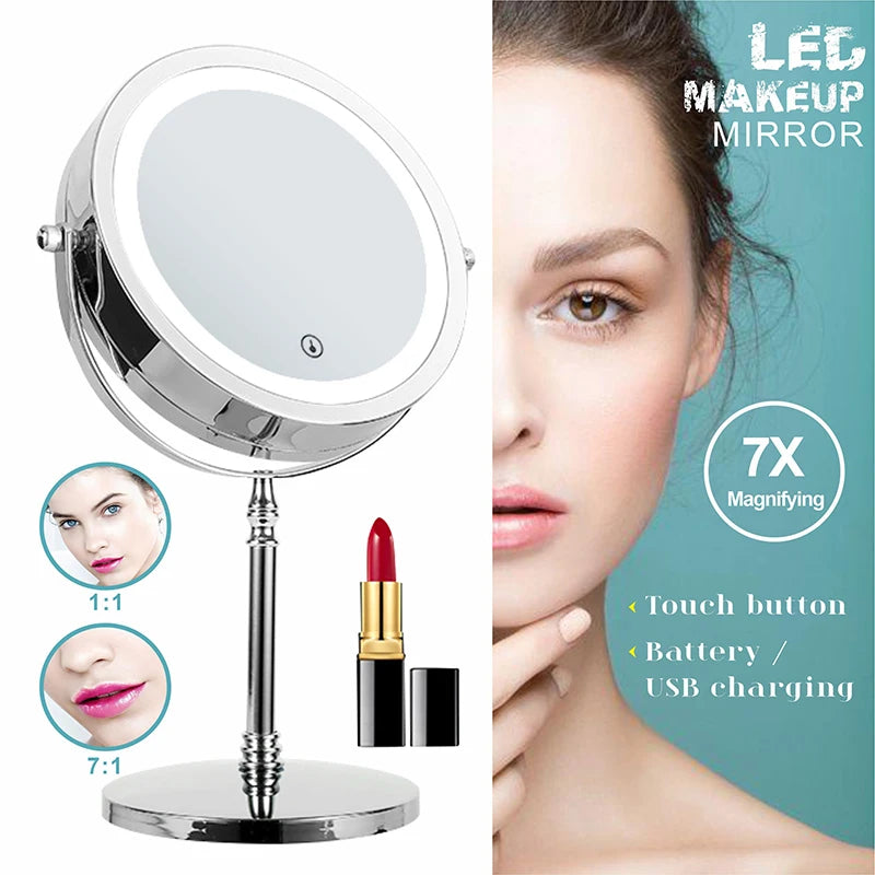 7 inch Makeup Mirror with LED 3 color Lights 7X Magnification Double Sided Vanity Mirror USB Charging Touch Dimming Bath Mirrors