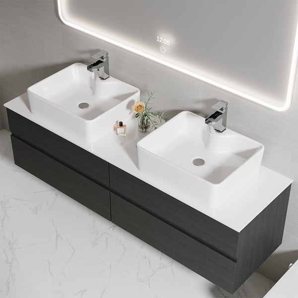 60" Black Floating Bathroom Vanity Set with Faux Marble Top & Double Ceramic Vessel Sink