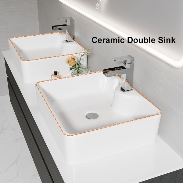 60" Black Floating Bathroom Vanity Set with Faux Marble Top & Double Ceramic Vessel Sink
