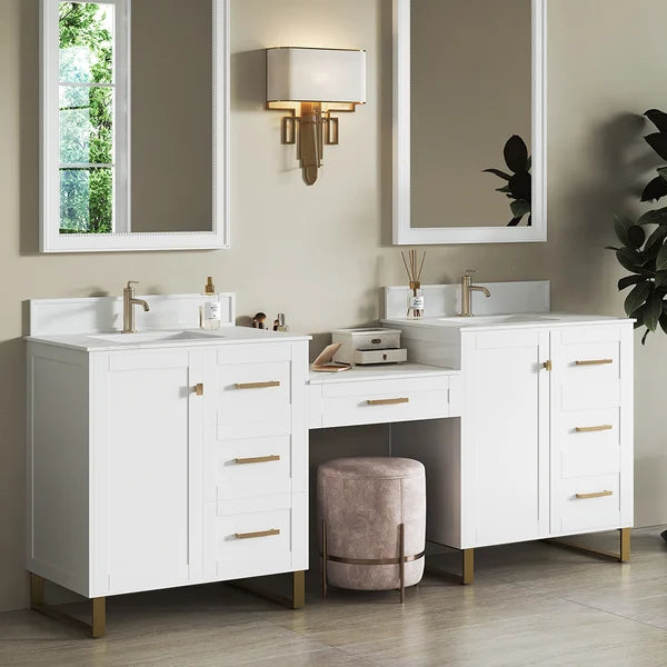 86" White Freestanding Double Sink Bathroom Vanity Set with Makeup Table Marble Top