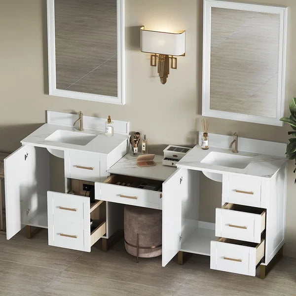 86" White Freestanding Double Sink Bathroom Vanity Set with Makeup Table Marble Top