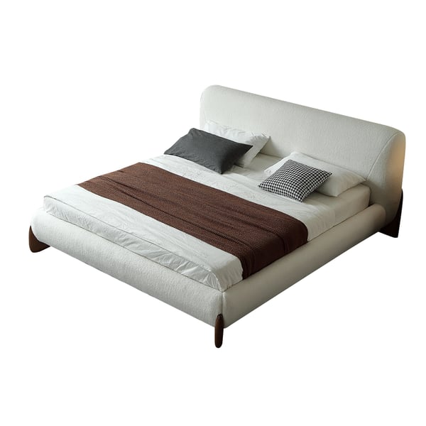 Curva Modern White Boucle Platform Bed King Size Bed Frame with Upholstered Headboard