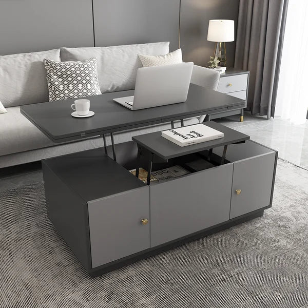 Modern Gray Multi-Functional Rectangle Lift-Top Coffee Table Extendable w/Storage